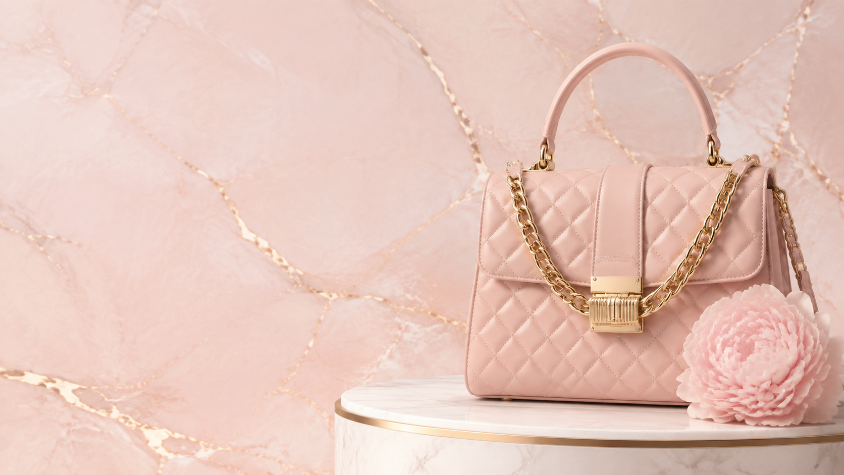 Pink luxury handbag on blush marble