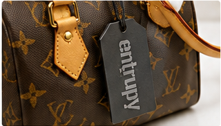 Entrupy authentication tag attached to a Louis Vuitton handbag