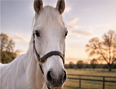Bernie, a white rescue horse, at sunset
