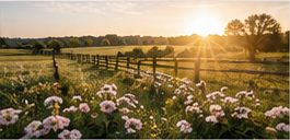 A peaceful farm field at sunset