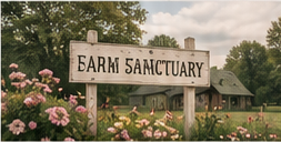 Farm Sanctuary sign surrounded by flowers
